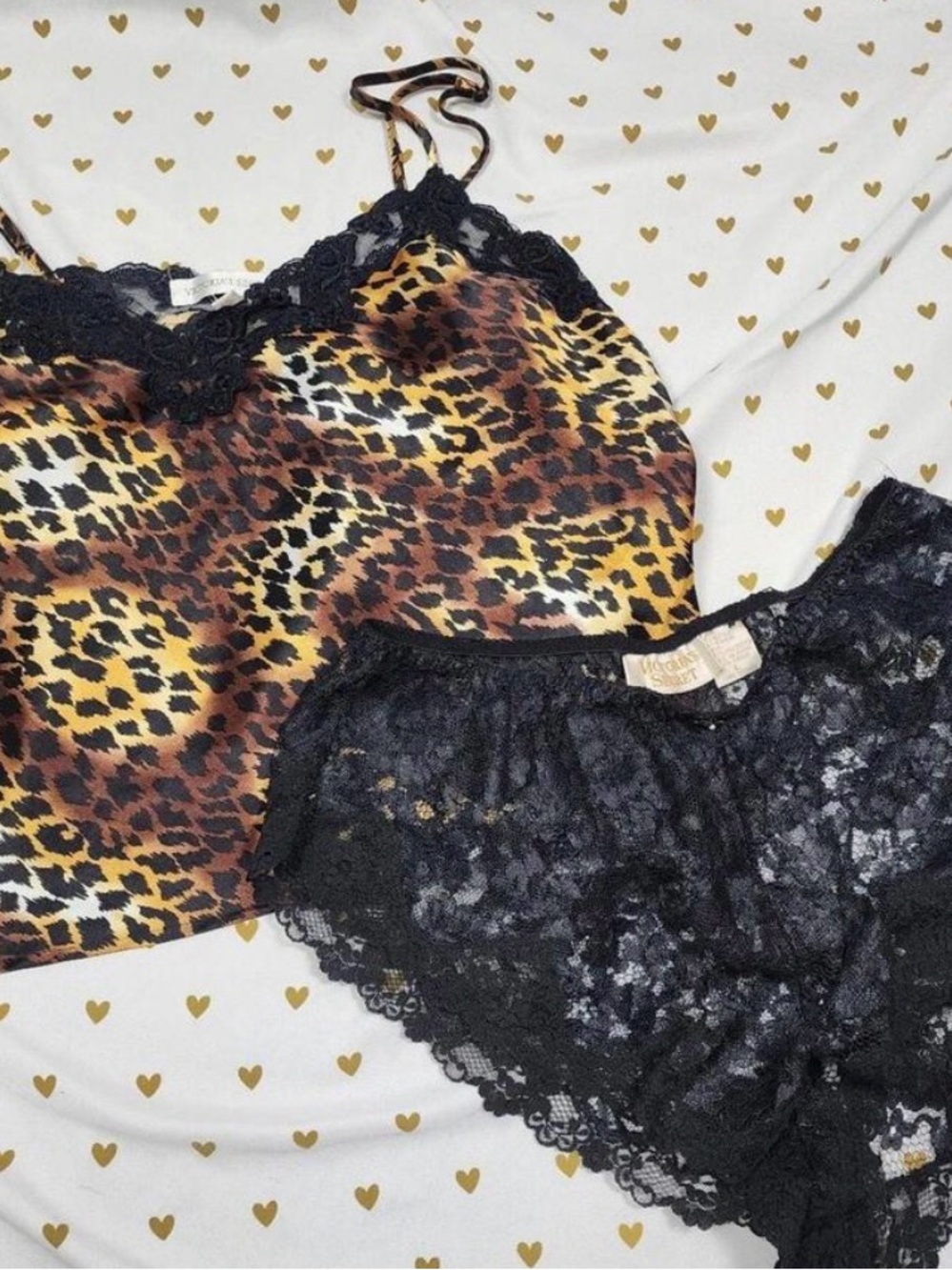Victoria's Secret Vintage Gold Label Leopard Satin Cami with Black Lace Briefs